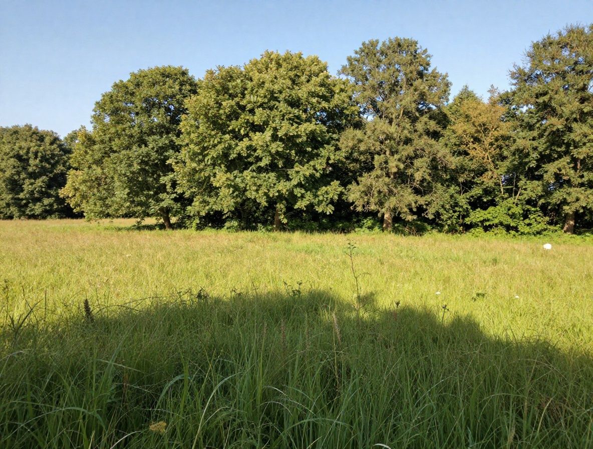 Lever de soleil magnifique sur un paysage naturel belge avec des prairies verdoyantes, une lumière dorée et chaude rasante créant de longues ombres douces sur la végétation